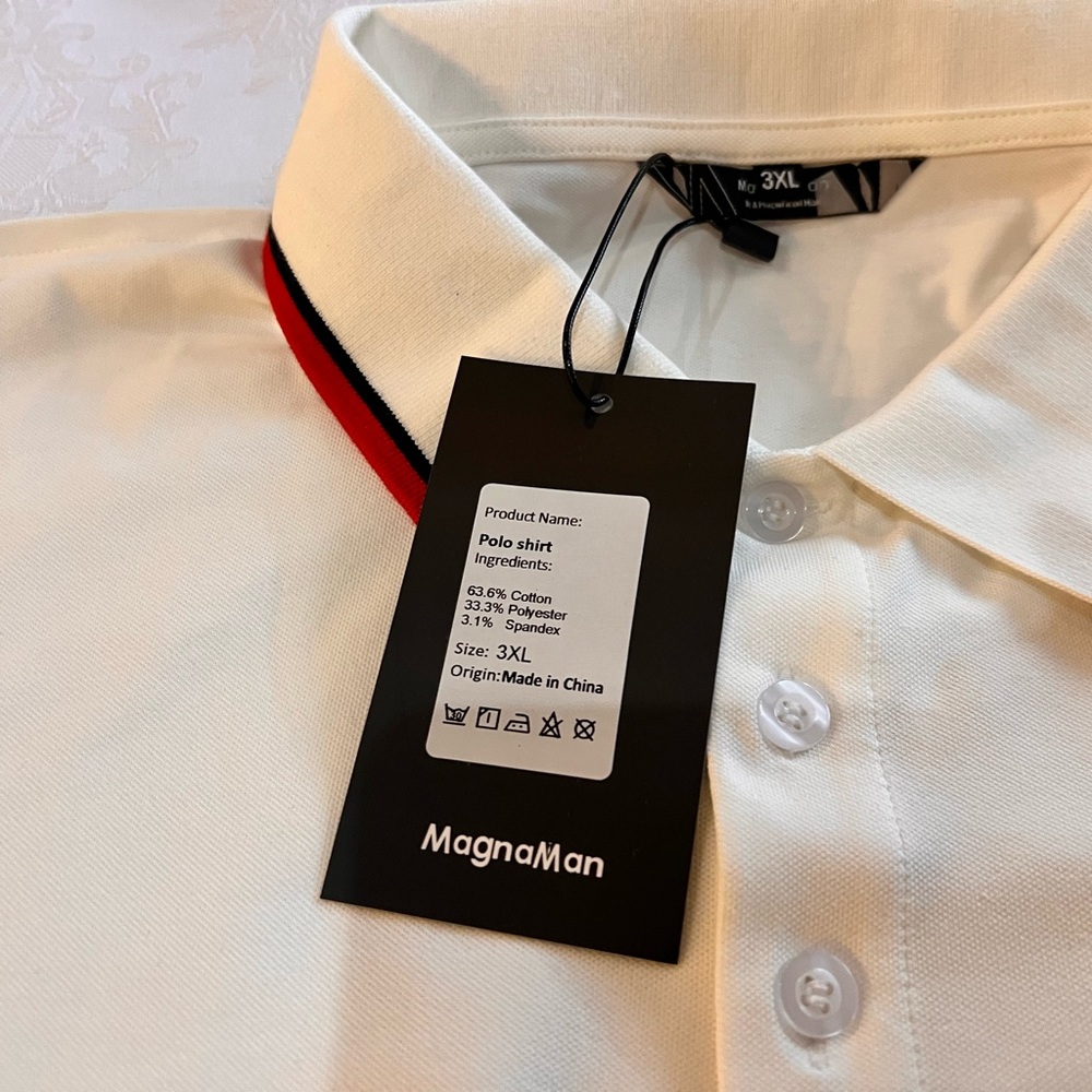 Magna Man White Polo Shirt with Red and Black Stripes